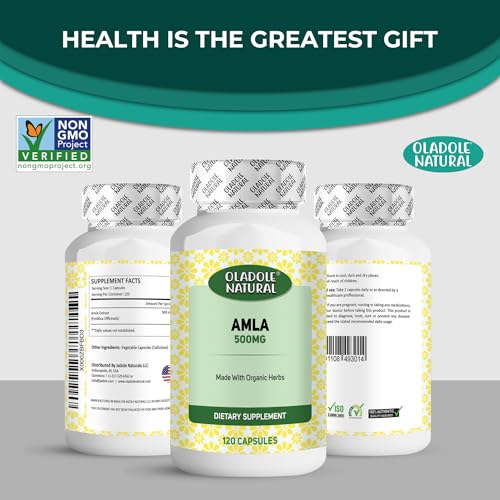 Oladole Natural Amla Extract- 500mg (120 Capsules) | High Vitamin C Powerful Antioxidant | For Hair, Skin & Immunity, Boost Energy, Metabolism, Promotes Hair Growth, Digestion | Non- GMO, Gluten Free