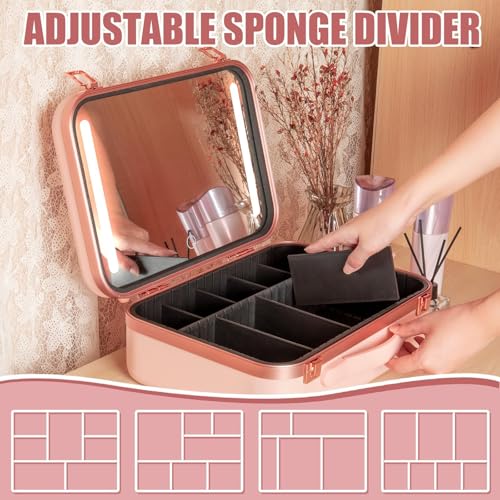 NALACAL Makeup Travel Lighted Case with Large LED Light Mirror Bag Organizer Professional Adjustable Divider Storage Waterproof Portable Makeup Train Box Accessories and Tools Case