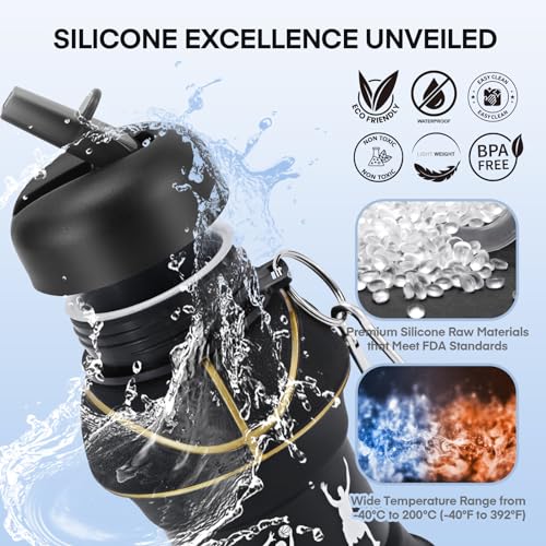 Kids Sports Collapsible Water Bottle for outdoor activities School, Sports, BPA-Free, Leakproof - 550ml/18.6oz, Basketball Black