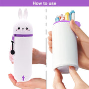 Kawaii 2-in-1 Bunny Pencil Case, Soft Silicone Stand-Up Pen Holder Pouch, Large Capacity with Zipper Closure for Teens, Desk Organizer