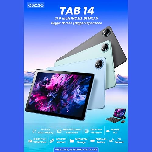 Oteeto TAB 14 Tablet/11. Inch Incell Display//Octa Core 2.0GHz Processor/Android 14/8MP Front + 13 MP Rear Camera/8GB RAM + 512GB ROM/8000 mAH Battery/4G Dual SIM/5G Wifi/Keyboard/Flip Cover etc