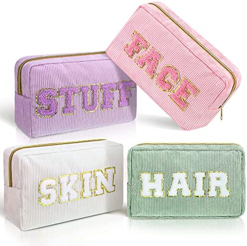 Pinkunn 4 Pcs Preppy Makeup Bags Christmas Chenille Letter Bag Face Skin Hair Stuff Cosmetic Bag Corduroy Makeup Pouch with Zipper Birthday Gifts for Women(Purple, Pink, White, Blue,Corduroy)