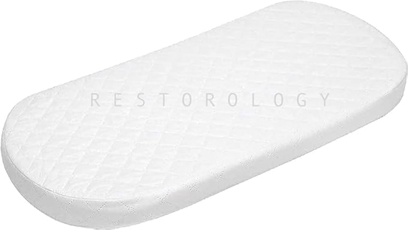 Buy All Here Infant Foam Moses Basket Mattress, Thick and Super Soft, Oval Shaped Mattress Fits Mamas & Papas Mothercare, Double Sided, Removeable Quilted Zip Cover, Made in UK (74 x 33 x 4 CM)