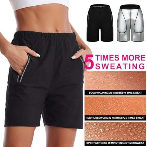 Women's Sauna Sweat Shorts, High Waist Tummy Control Leggings with Pocket, Workout Slimming Pants for Fitness, Running, Yoga