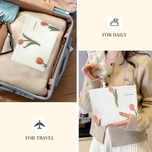 STARDW Flower Cosmetic Bags Makeup Bags for Women and Girls,Travel Makeup Bag Large Capacity Canvas Makeup Bag,Makeup Organizer Bag Zipper Pouch, Embossed pink, Large Capacity Aesthetic Makeup Bags
