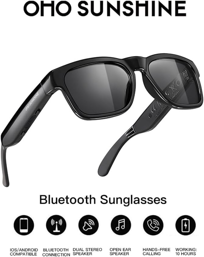 OhO sunshine OhO Bluetooth Sunglasses,Voice Control and Open Ear Style Smart Glasses Listen Music and Calls with Volume UP and Down,Bluetooth 5.0 Audio Glasses and IP44 Waterproof, unisex-adult