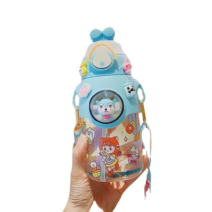 Twisoo Cute Rabbit Cartoon Kids Water Bottle with Straw and Adjustable Strap Food Grade Tritan One-Click Open Portable Leak Proof Insulated BPA Free For Kids Girls School Travel 500ml (Blue)