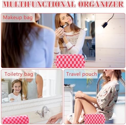 ZLFSRQ 3Pcs Checkered Makeup Bag for Women Large Cosmetic Bag Set Travel Toiletry Bag Makeup Pouch Bag for Purse Pink Zipper Storage Bag Organizer Cute Small Aesthetic Girls Car Essentials Bag