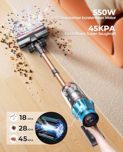 Laresar Ultra7 45000Pa/550W/60min Battery Vacuum Cleaner, Wall Mounted Charging Station, Upright, Wireless Vacuum Cleaner with Touchscreen and Anti-Tangle Brush for All Types of Hard Floors and