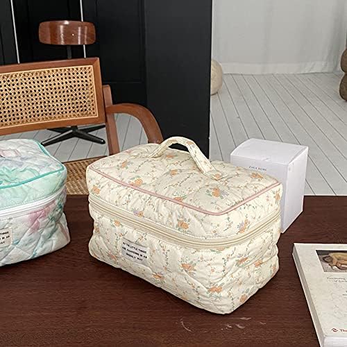 Juoxeepy Cotton Makeup Bag Large Travel Cosmetic Bag Quilted Cosmetic Pouch Coquette Aesthetic Floral Toiletry Bag, A-White, 10x5.9x5.3in