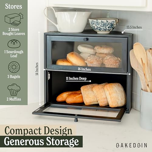 BakedBin Corner Bread Box for Kitchen Countertop - New 2025 Airtight Design - Extra Large Double Layer Bread Boxes, Vintage Bread Storage for Homemade Bread, Under Cabinet Organizer, Black BreadBox