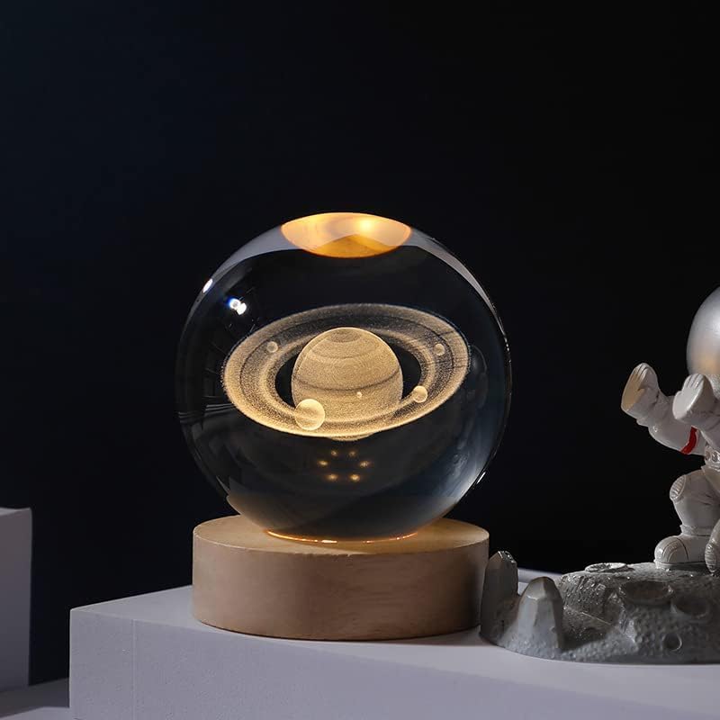 EETU Crystal Glass Ball Night Light,3D Solar System Nightlight Wooden LED Display Base Stand Home Decor Birthday Gifts Decorations Lamp Funny Table Lamp Warm Light for Kids (Saturn (planet))