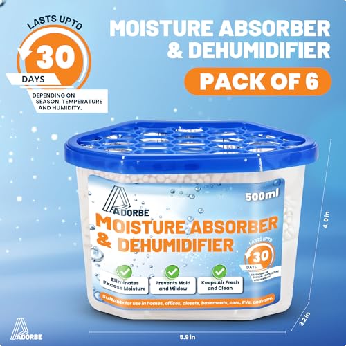 ADORBE Moisture Absorbers Boxes 6 Pack, Humidity Absorber for Wardrobes, Bedrooms, Bathrooms, Unscented Dehumidifier Boxes for Closet, Eliminates Musty Odors for Fresher, Cleaner Air (280g/pack)