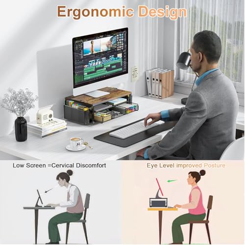 gianotter Monitor Stand Riser, Desk Organizer with Drawer and Pen Holder, 2-Tier Computer Stand, Office Desk Accessories, Office Organization (Wood)