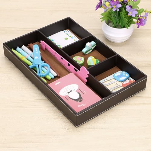 Tazweeq 4 slots Desk Drawer Organizer,PU Leather Drawer Storage Organizer Divider for Office Desk Supplies Value Collection and Accessories Multi-Purpose Storage Desktop Organizer Tray(Brown)