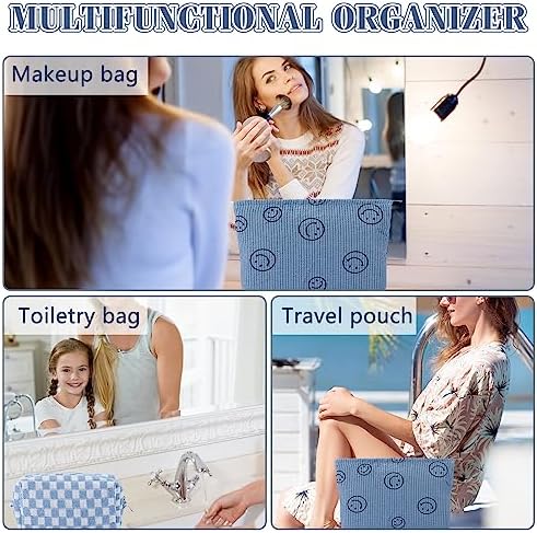 ZLFSRQ 3Pcs Checkered Makeup Bag for Women Large Cosmetic Bag Set Travel Toiletry Bag Makeup Pouch Bag for Purse Pink Zipper Storage Bag Organizer Cute Small Aesthetic Girls Car Essentials Bag