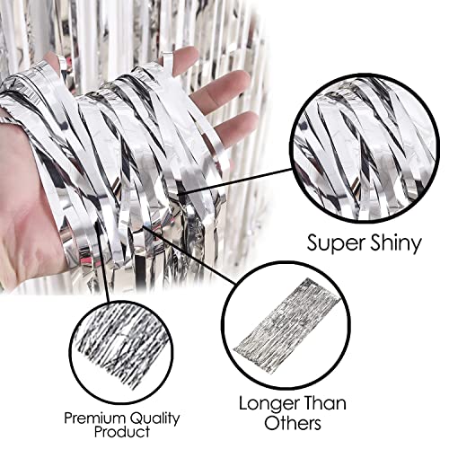 BrainGiggles Silver Metallic Foil Fringe Curtain Pack of 2– 6Ft x 3Ft Self Adhesive Tinsel Streamers Party Backdrop for Birthday, Bachelorette, Wedding, Baby Shower, Eid, Graduation Party Decorations