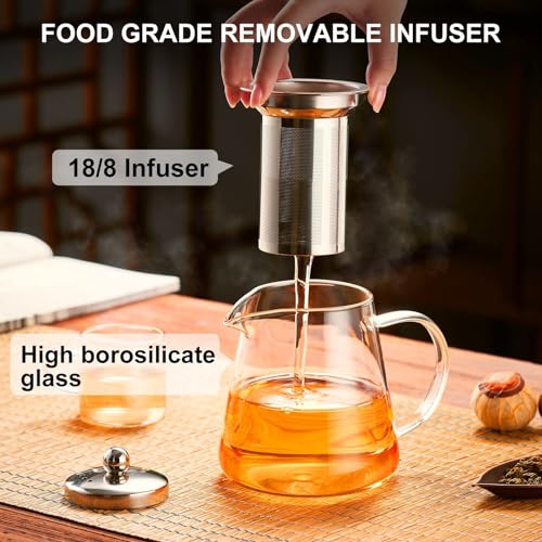 NALACAL Glass Teapot Stovetop 18.6 OZ, Borosilicate Clear Tea Kettle with Removable 18/8 Stainless Steel Infuser, Blooming and Loose Leaf Hand Crafted Kettle for Camping, Travel (550ML)