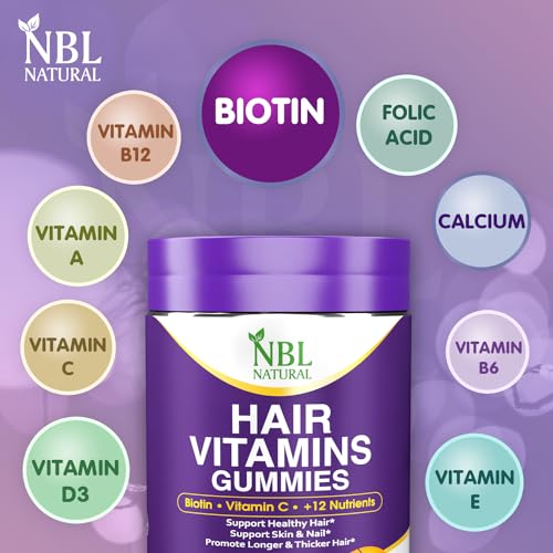 NBL Natural Hair Vitamins 60 Gummies Supplement with Vitamin C, Biotin & Folic Acid Supports Hair Growth, Hair Loss, Healthy Hair, Skin & Nails | Hair Multivitamins Supplements for Men Women's