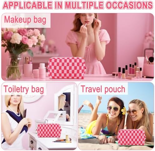 ZLFSRQ 3Pcs Checkered Makeup Bag for Women Large Cosmetic Bag Set Travel Toiletry Bag Makeup Pouch Bag for Purse Pink Zipper Storage Bag Organizer Cute Small Aesthetic Girls Car Essentials Bag