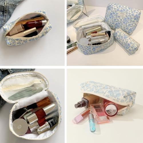 xiaochen 3PCS Makeup Bag Set,Cotton Quilted Makeup Bag,Floral Large Travel Cosmetic Bag,Flower Travel Toiletry Bag, Cute Aesthetic Toiletry Bag for Women Girls