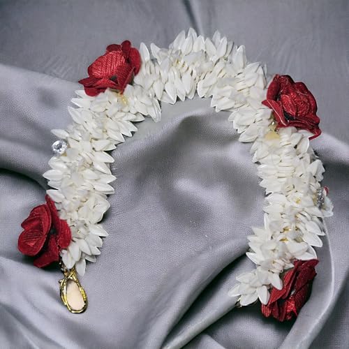 Traditional Indian Hair Accessories Gajra, Artificial Flower Jewelry, Handmade Women Party Wear Bridal, Mehndi Hair Bun, Red White Pack of 1 by S,S Store