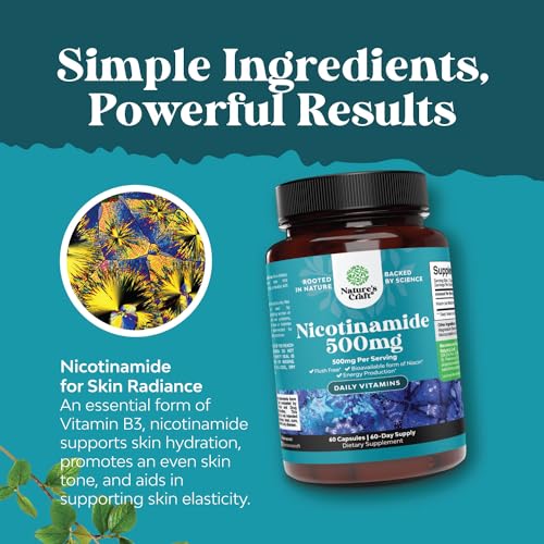 Vitamin B3 Nicotinamide 500mg Capsules - Mitochondrial Energy and Anti Aging Skin Supplement - AKA Vitamin B3 Niacin 500mg Flush Free and Niacinamide 500mg - Flush Free Niacin Supplement - 60 Count