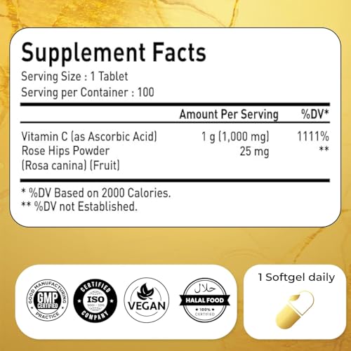Natrolina Vitamin C 1000 mg with Rose Hips 100 Tablets Vegan | Antioxidant Protection, Boost Immune System & Supports Healthy Skin | 100 Days Supply Ascorbic Acid Vitamin C Supplement for Men Women