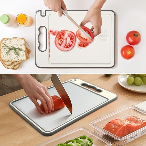 Angju Cutting Board Double Sided,Stainless Steel Cutting Board for Kitchen,Non-slip Scratch-resistant Mesh Design with Juice Groove and Knife sharpener,Food-Grade Wheat Straw PP Chopping Board