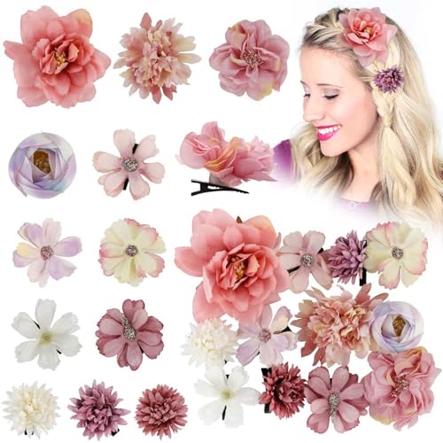 Tazweeq 12 Pieces Bohemian Flowers Hair Clips for Women Girls, Flower Hair Accessories Hawaiian Boho Hairclip for Girls, Silk Flower Hair Clips for Beach Party.