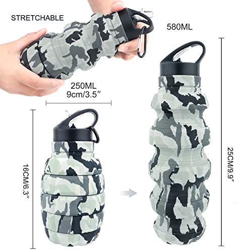 PenghaiYunfei Collapsible Travel Water Bottle18oz, Reuseable BPA Free Silicone Foldable Water Bottles for Gym Camping Hiking, Portable Leak Proof Sports Water Bottle with Carabiner (light grey)