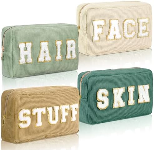 Pinkunn 4 Pcs Preppy Makeup Bags Christmas Chenille Letter Bag Face Skin Hair Stuff Cosmetic Bag Corduroy Makeup Pouch with Zipper Birthday Gifts for Women(Purple, Pink, White, Blue,Corduroy)