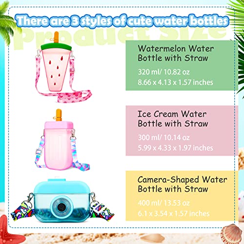 3 Pieces Cute Water Bottles with Straws Creative Kawaii Camera Shaped Ice Cream Bar Watermelon Adjustable Strap Plastic Water Bottle for Travel School Sport Kids (Fresh Style, Red, Pink, Blue)