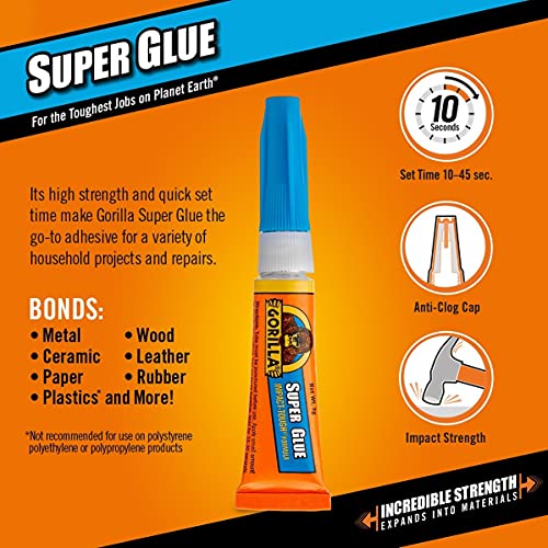 Gorilla Super Glue, Clear , 3g tube 2 pack ,7800101