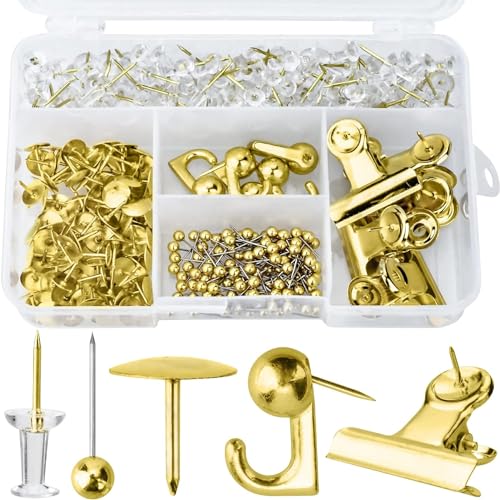 ZELLYA 310 Pcs Push Pins Set, Thumb Tacks Decorative Push Pins Map Head Pin for Cork Board with Push Pin Hook Pushpin Clip, 5 Style Office Accessories for Cork Board Map Office (Gold)