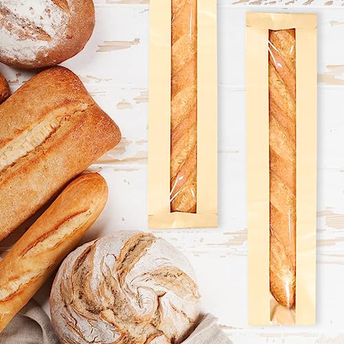 Excefore Baguette Bread Bags, 100 Pack Baguette Kraft Bags with Clear Front Window, Fresh Bread Loaf Packing Bags, Long Bread Kraft Paper Bakery Storage Bag for Homemade Bread, Sandwich (23"x4"x1.6")