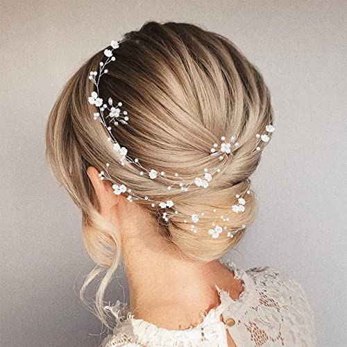 Excefore Bridal Wedding Hair Vine Extra Long Pearl and Crystal Beads Head Piece Bridal Hair Accessories Headband Hair Jewelry Hair Accessories, Silver