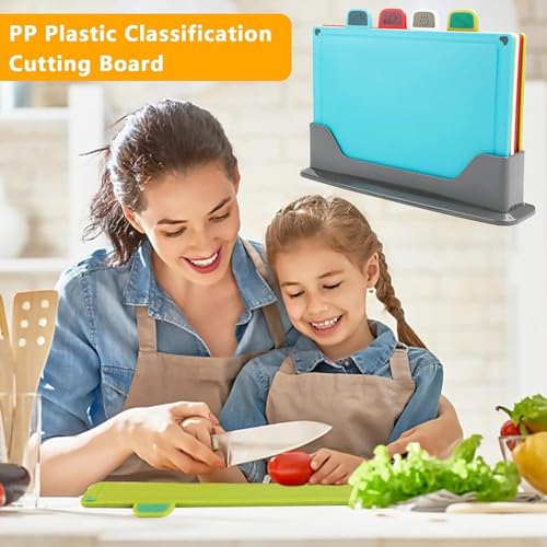 AMERTEER Cutting Board Set, Chopping Board Kitchen with Non-Slip Base & Food Indicators, 4-PCS Silicone Thick Cutting Mats with Storage Stand, Perfect for Fruits & Vegetables, Home and Everyday use