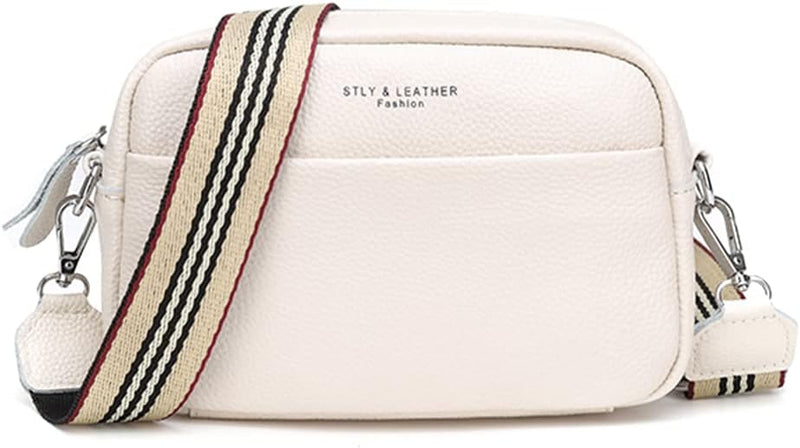 Crossbody Bag for Women Genuine Leather Wide Strap Shoulder Bag Purse Trendy Design Camera Crossbody Purse Top Zip - white