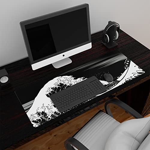 Ovenbird Extended Gaming Computer Mouse Pad, Large Black Mouse Pad for Desk, Cute Anime Japanese Great Wave Desk Pad for Keyboard and Mouse, Black, 31.5 x 11.8 x 0.12 inches