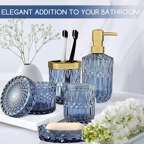 Topsky Blue Bathroom Accessory Set, Glass Bathroom Decor Countertop Organizer,5Pcs Bathroom Accessories with Lotion Dispenser(Cylindrical), Soap Dish, Toothbrush Holder, Tumbler, Cotton Swab Jars
