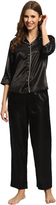 Styleville Satin Button Down Womens Regular Shirt & Pajama Set - Black