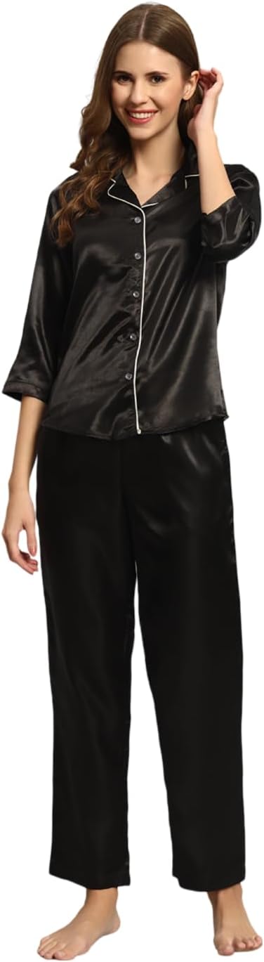 Styleville Satin Button Down Womens Regular Shirt & Pajama Set - Black