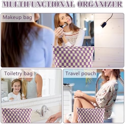 ZLFSRQ 3Pcs Checkered Makeup Bag for Women Large Cosmetic Bag Set Travel Toiletry Bag Makeup Pouch Bag for Purse Pink Zipper Storage Bag Organizer Cute Small Aesthetic Girls Car Essentials Bag