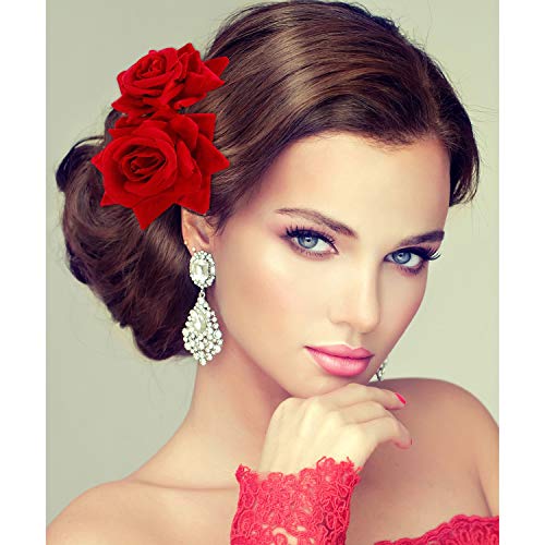 TERRIFI 2 Pieces Women Rose Flower Hair Clip and Embroidered Sequins Fabric Handheld Folding Fan Hair Accessories for Flamenco Dancer Costume Accessories Girl Cosplay Party