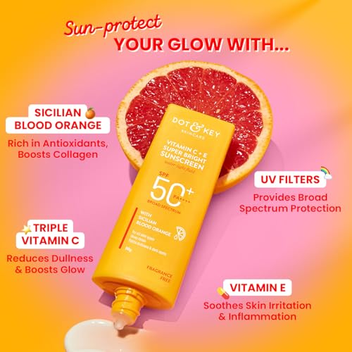 Dot & Key Sunscreen SPF 50 PA+++ with Vitamin C + E | for Even Toned & Glowing Skin | No White Cast, WaterLight I UVA/B & Blue Light Protection I Better Vitamin D absorption I for Women & Men | 50gm