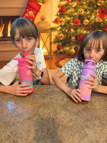 mininoo Kids Water Bottle for School, 16oz Stainless Steel Insulated Water Bottle Kids with Straw Lid for Girls, Boys (Purple/Pink)