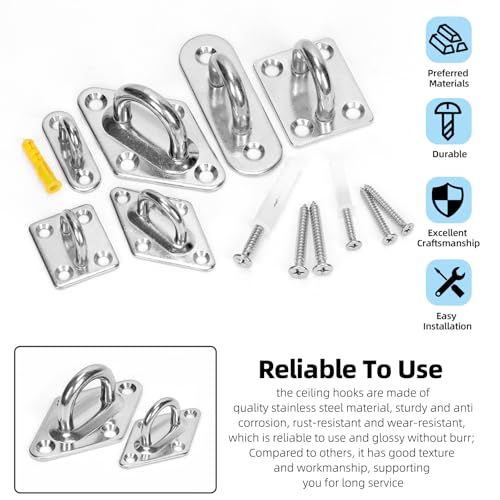 Glarks 36pcs M5 Stainless Steel Pad Eye Plate Hook Kit, Diamond Eye Plate U Hooks Heavy Duty Ceiling Hooks and Carabiner Clips Snap Hook for Ceiling and Mounting Hanging Hardware