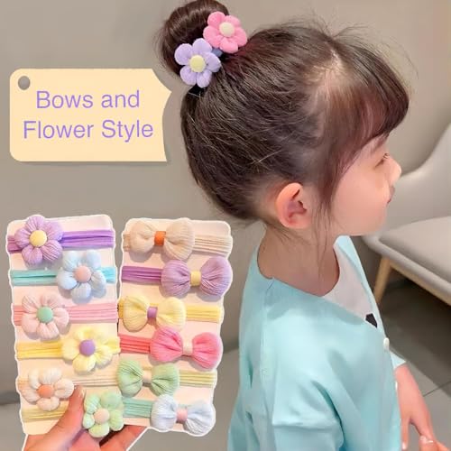 Lonimia 24 Pcs Multicolor Cotton Elastic Hair Ties for Girls with Bows and Flowers, Soft Seamless Elastic Hair Bands, Perfect for Little Girls, Toddlers, Babies and Kids