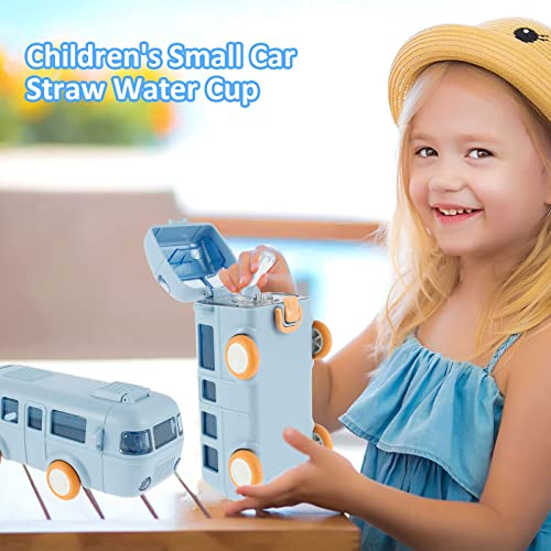 MIXDE Car Straw Water Cup, 16oz Summer Cute Bus Water Bottle with Shoulder Strap, Leak-Proof Kids Square Drinking Cup Cute Cartoon Water Jug Toy Locking Flip Lid Water Kettle for Kids (Blue)